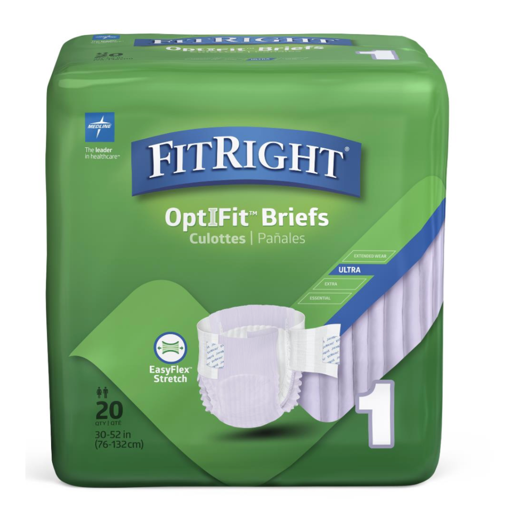 A package of green FitRight Stretch Ultra Incontinence Briefs with Center Tab contains 20 briefs. It features EasyFlex Stretch, advanced odor control, and fits waist sizes 30-52 inches (76-132 cm) for ultra absorbency protection.